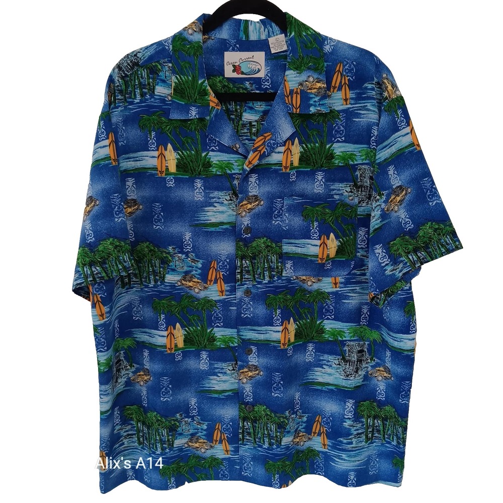 Mens Ocean Current Sz L Short Sleeve Front Buttons Shirt Blue Ocean Abstract